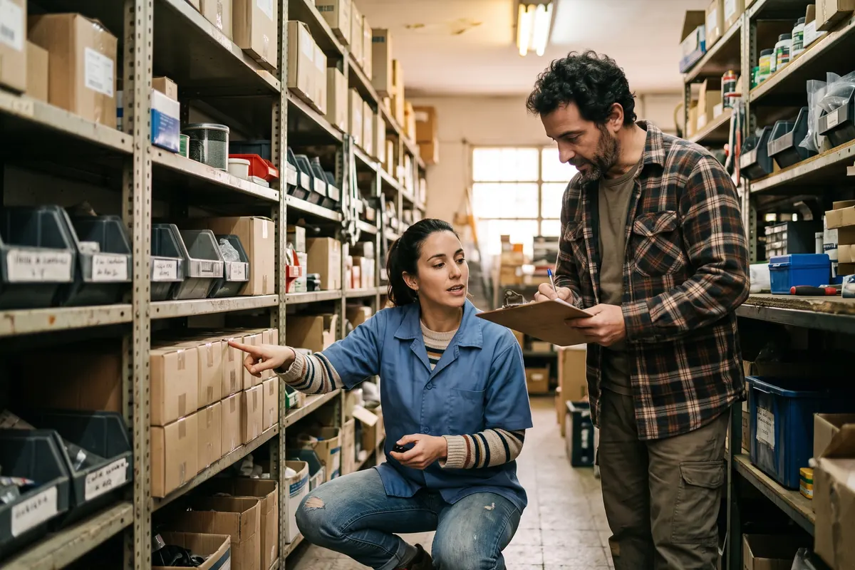 Dos personas haciendo un conteo de mercadería en el depósito, una cuenta y la otra anota