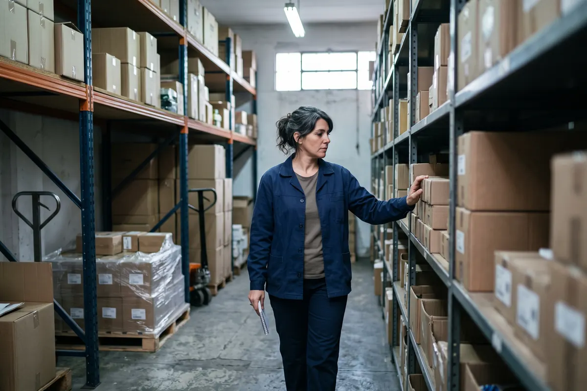 Encargado de depósito revisando la mercadería en las estanterías