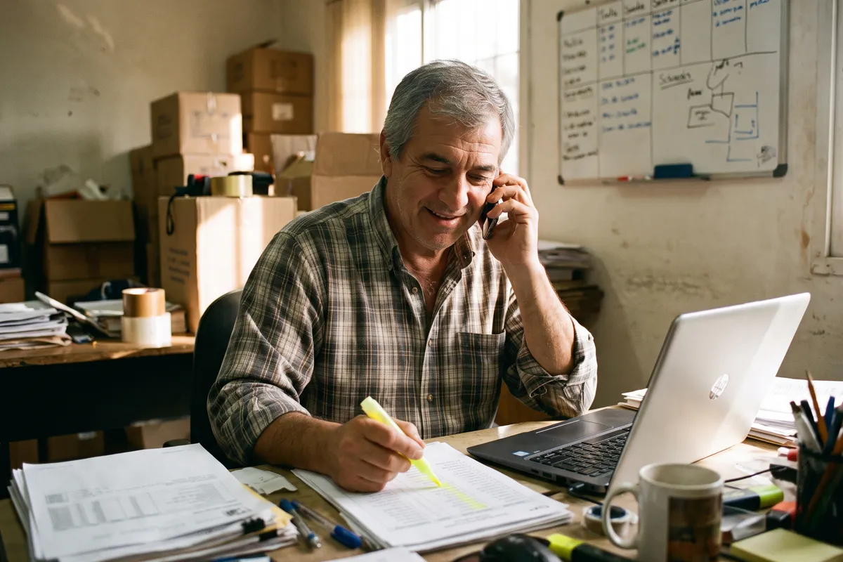 Hombre en la administración de una distribuidora hablando por teléfono con un cliente mientras revisa un listado de saldos