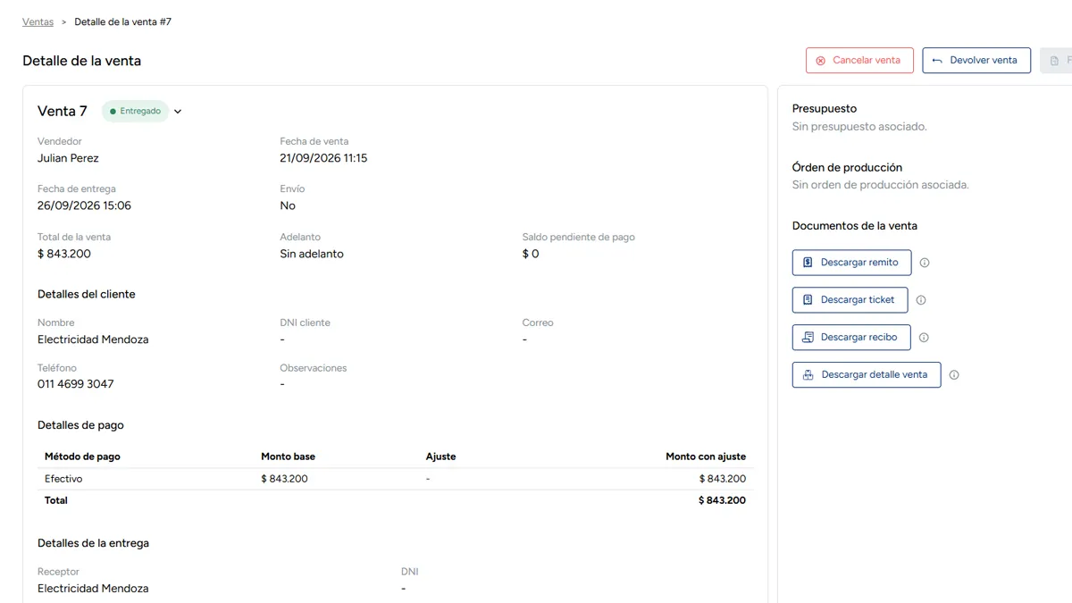 Detalle de una venta en CTF Business con el cliente, el pago y la entrega registrados en un solo lugar